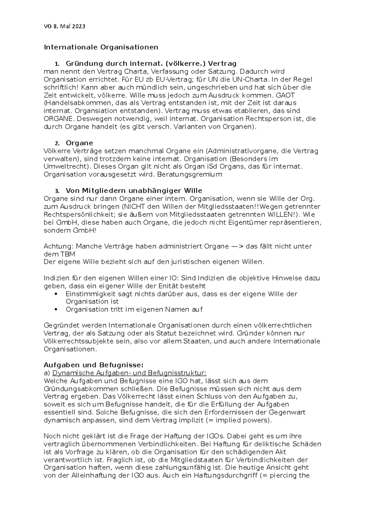 Vo 8 - Mitschrift Völkerrecht Vorlesung - Internationale Organisationen ...