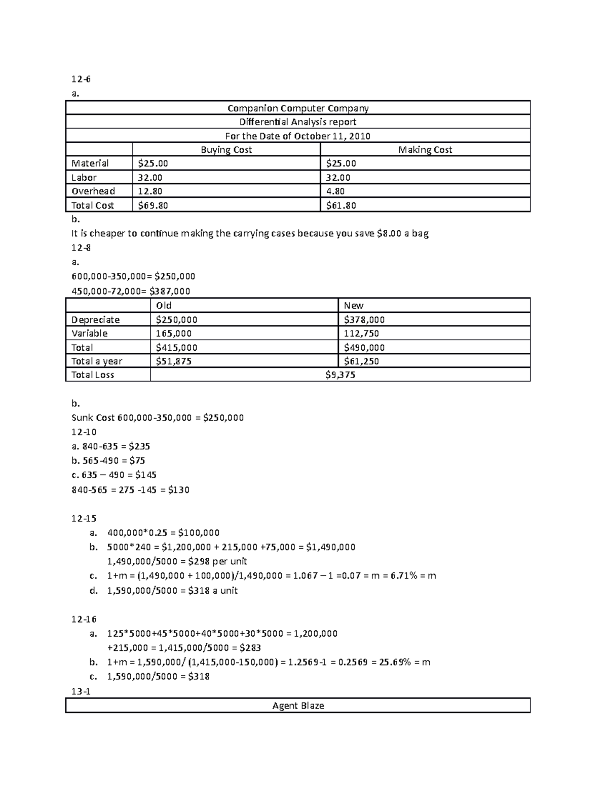 Homework 6 - 12- a. Companion Computer Company Differential Analysis ...
