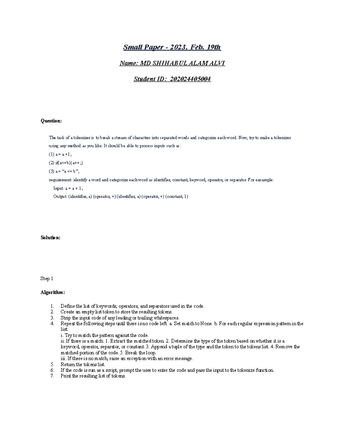 Small Paper 2023, Feb. 19th Small Paper 2023, Feb. 19th Name MD SHIHABUL ALAM ALVI