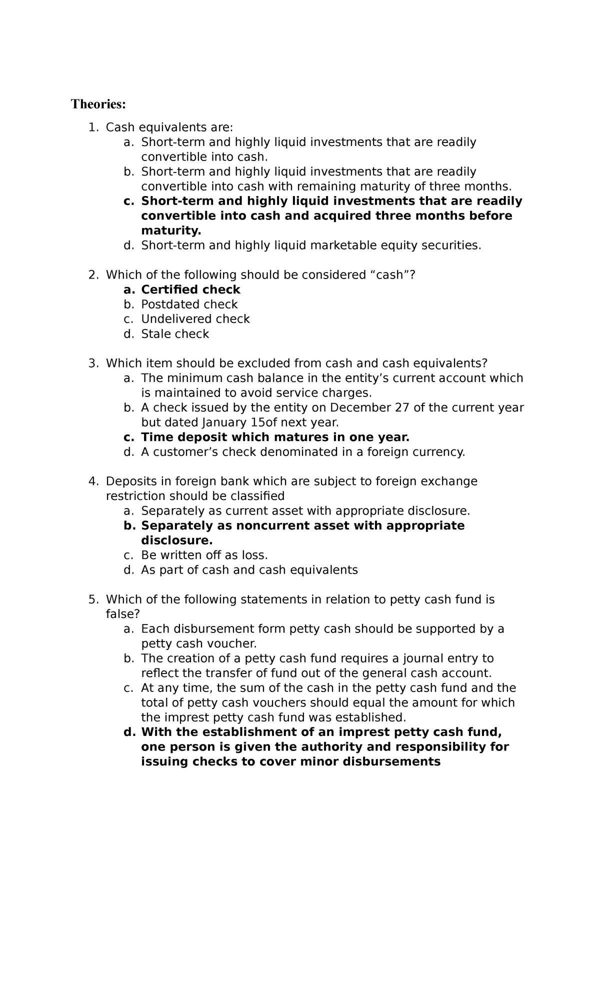 Department Questions - Quiz - Theories: Cash equivalents are: a. Short ...