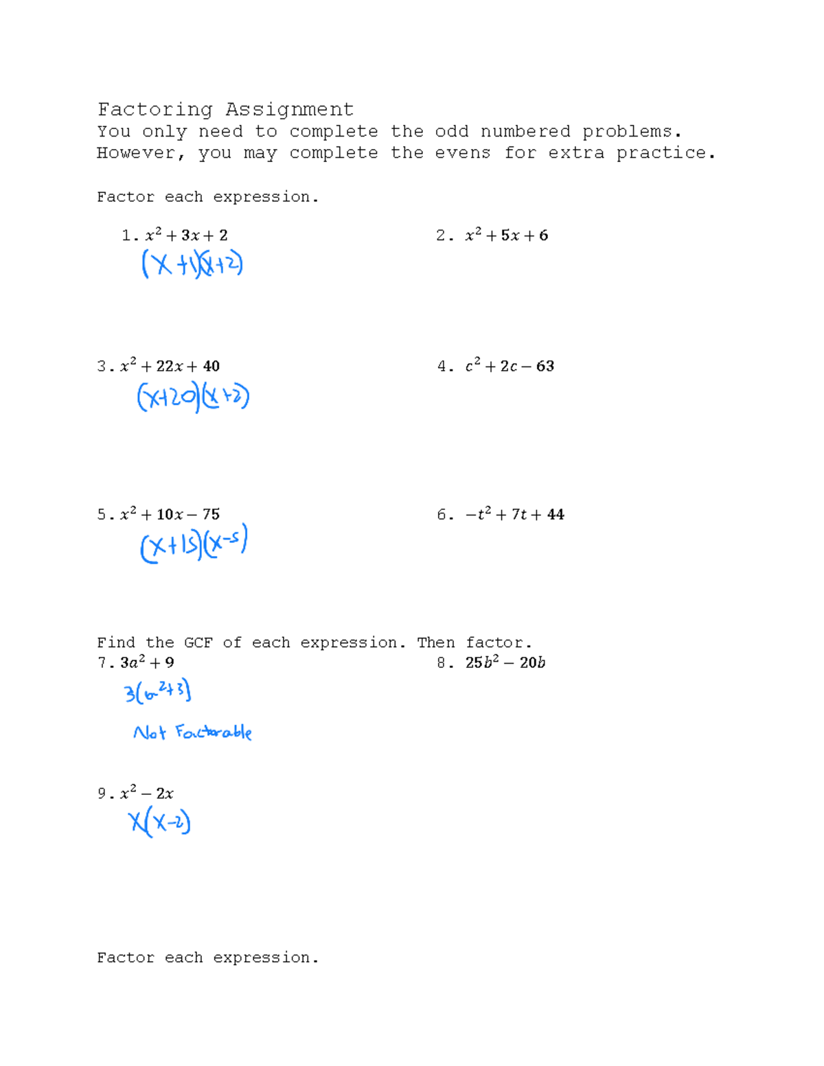 factoring assignment answers