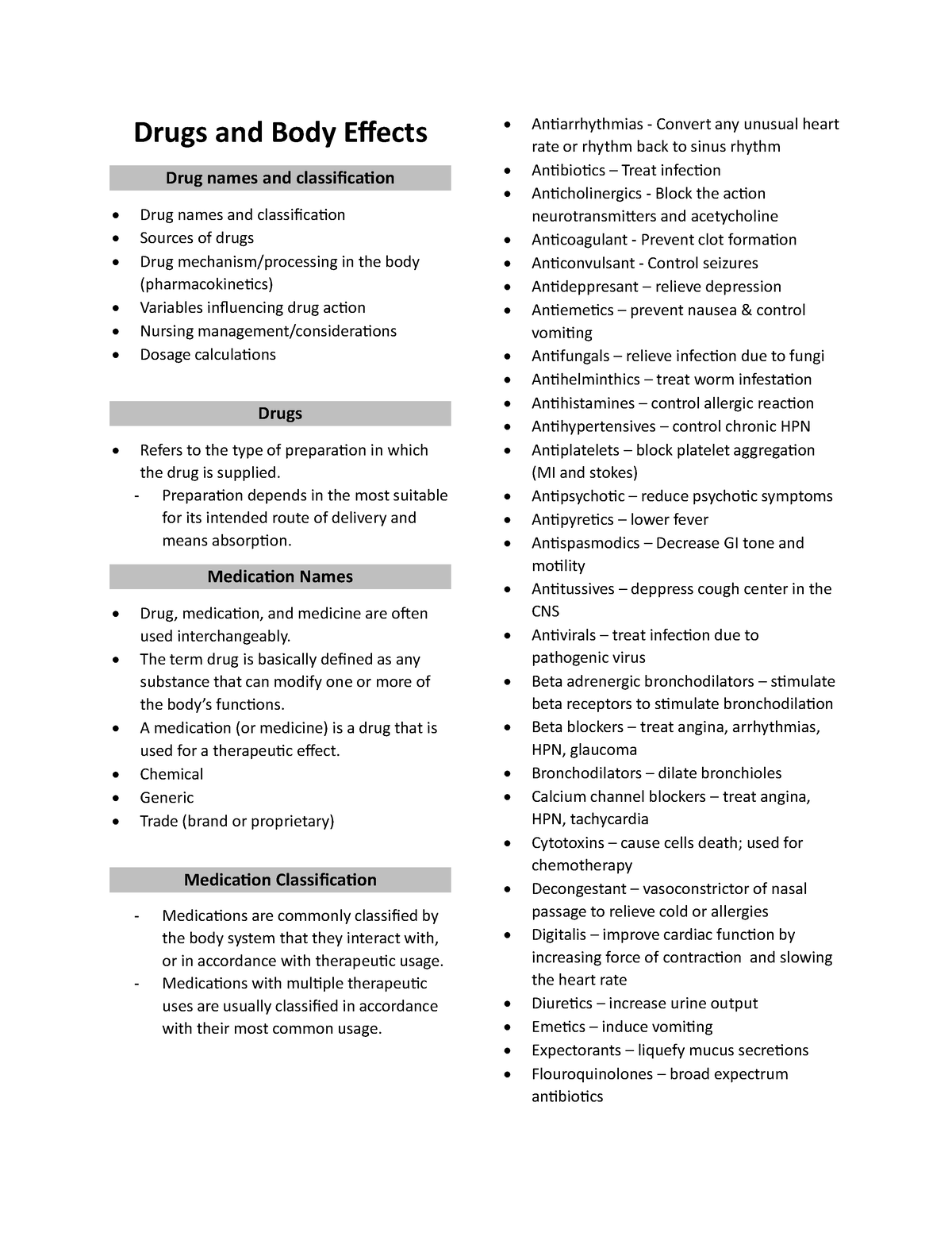 Pharma - REVIEWER - Drugs and Body Effects Drug names and ...