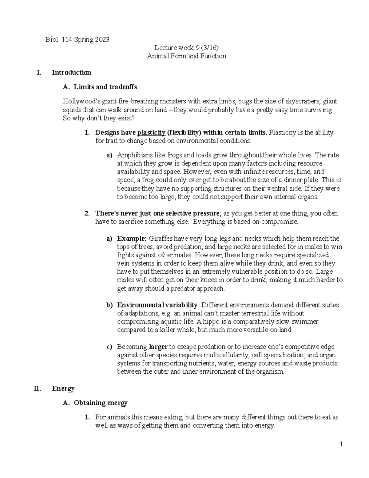 Lecture Week 9 (3-16) - Notes Animal Form And Function - Biol. 114 