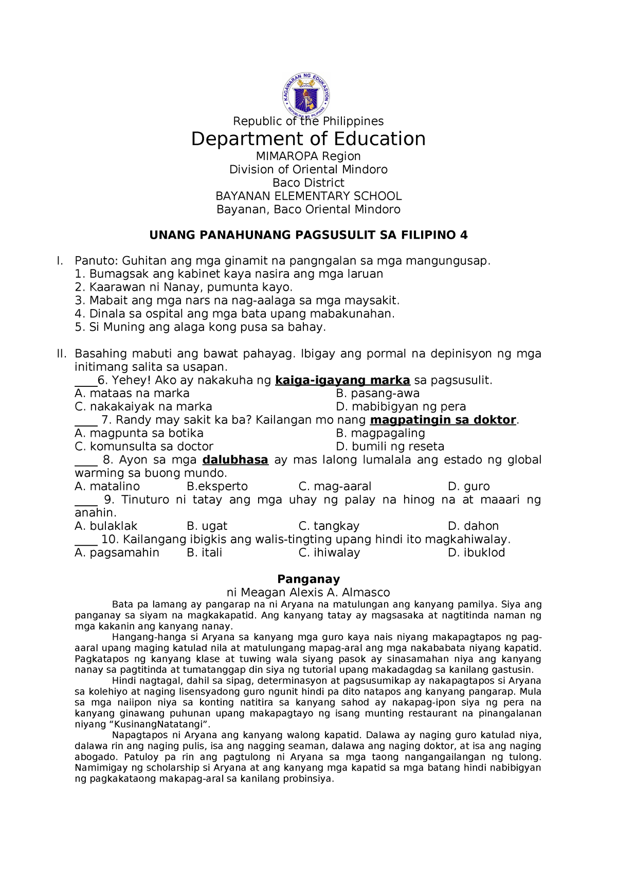 1st Pt In Filipino 4 Periodic Test Republic Of The Philippines Department Of Education 2803