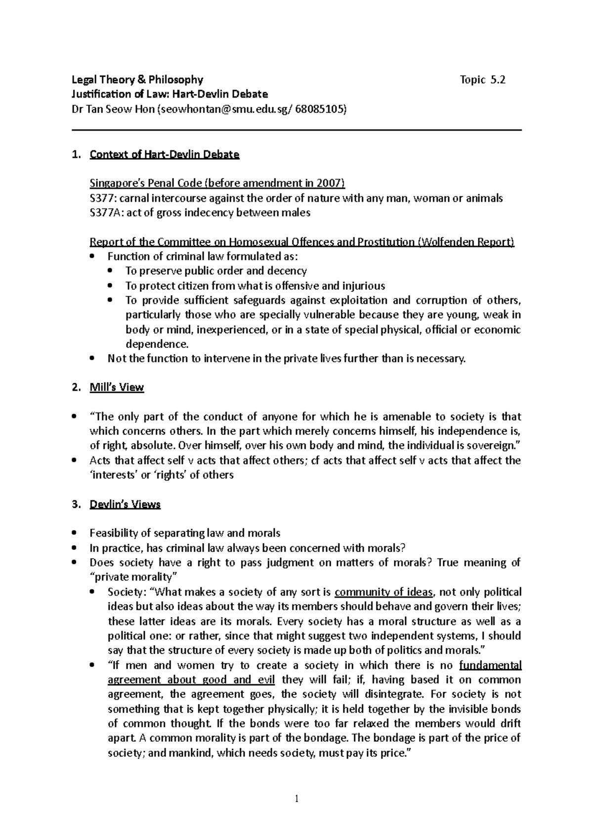 Topic 5 Hart v Devlin Legal Theory & Philosophy Topic 5