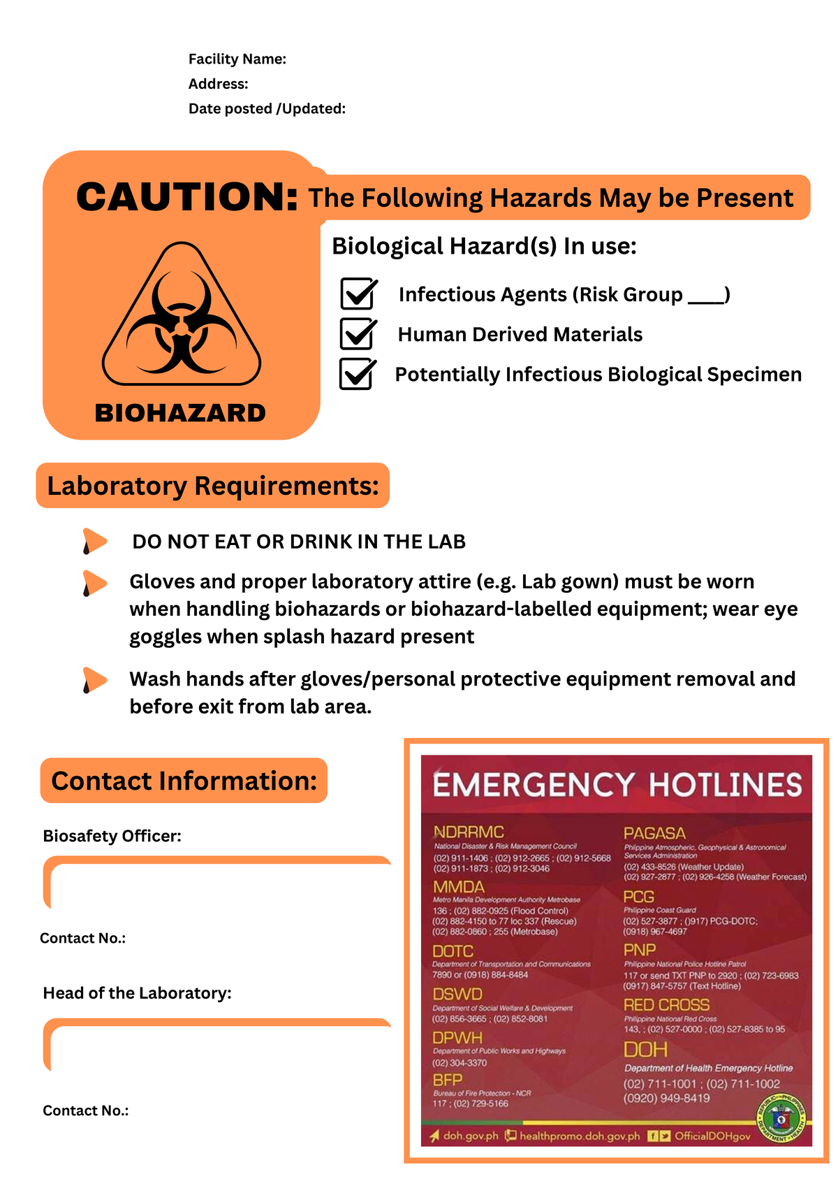 Biosafety Door Poster - Biological Hazard(s) In use: Infectious Agents ...