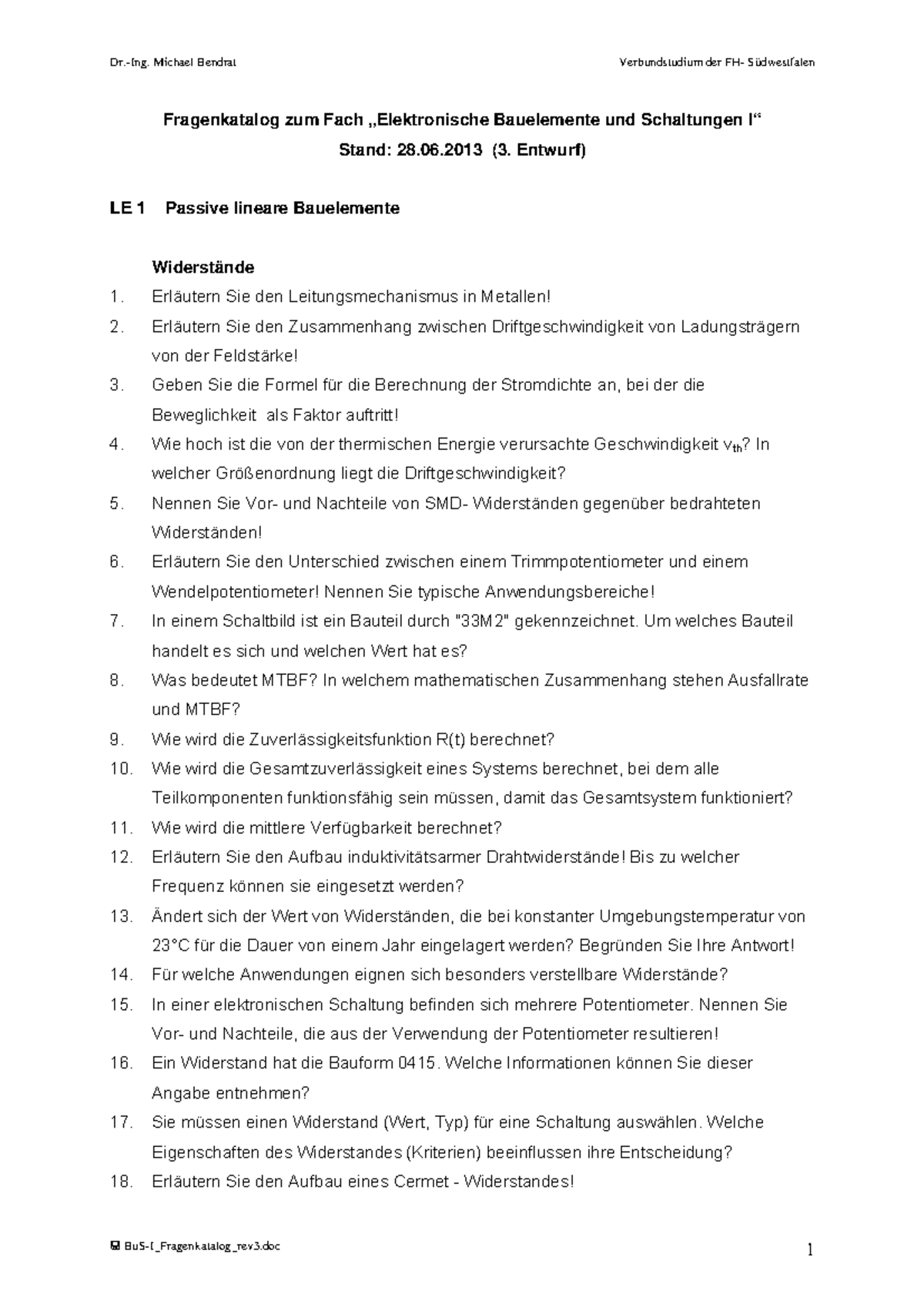 Dvs Fragenkatalog Schweißerprüfung Lösungen Bu S-I Fragenkatalog rev3 - Fragenkatalog zum Fach „Elektronische