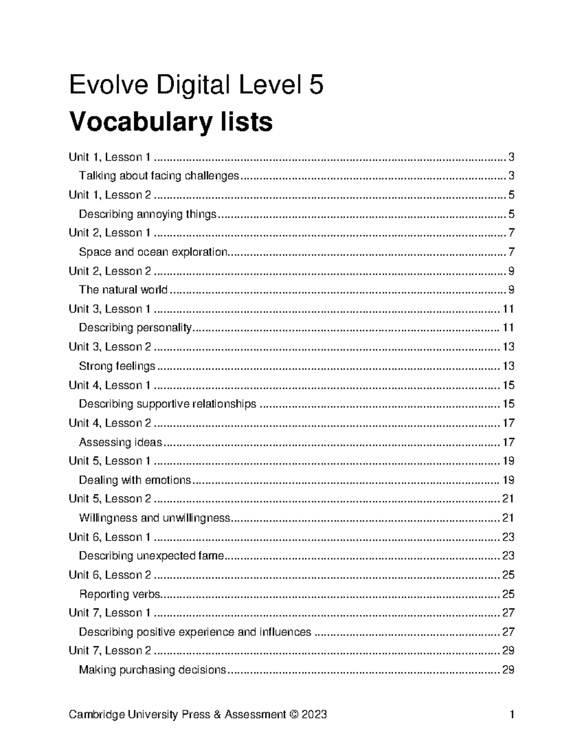 Evolve Digital Level 5 Vocabulary lists - Vocabulary lists Evolve ...