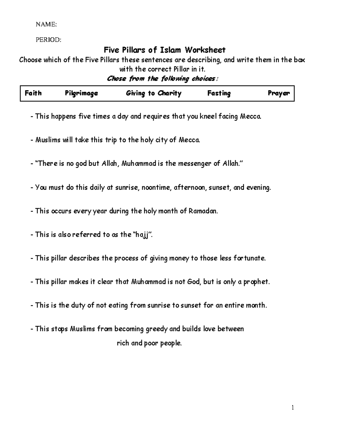 The Five Pillars of Islam Worksheet (10112015 ) NAME PERIOD 1 Five
