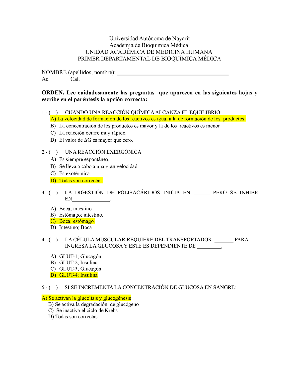 Examen 1re Parcial Bioquímica Medica - Universidad Autónoma De Nayarit ...