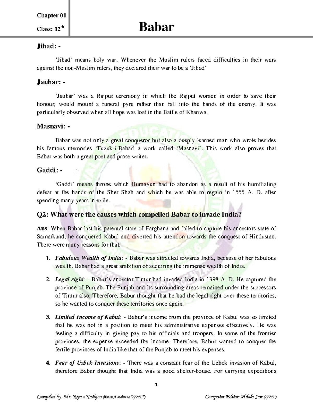 Babar Class 12th Babar 1 Jihad ‘Jihad’ means holy war. Whenever