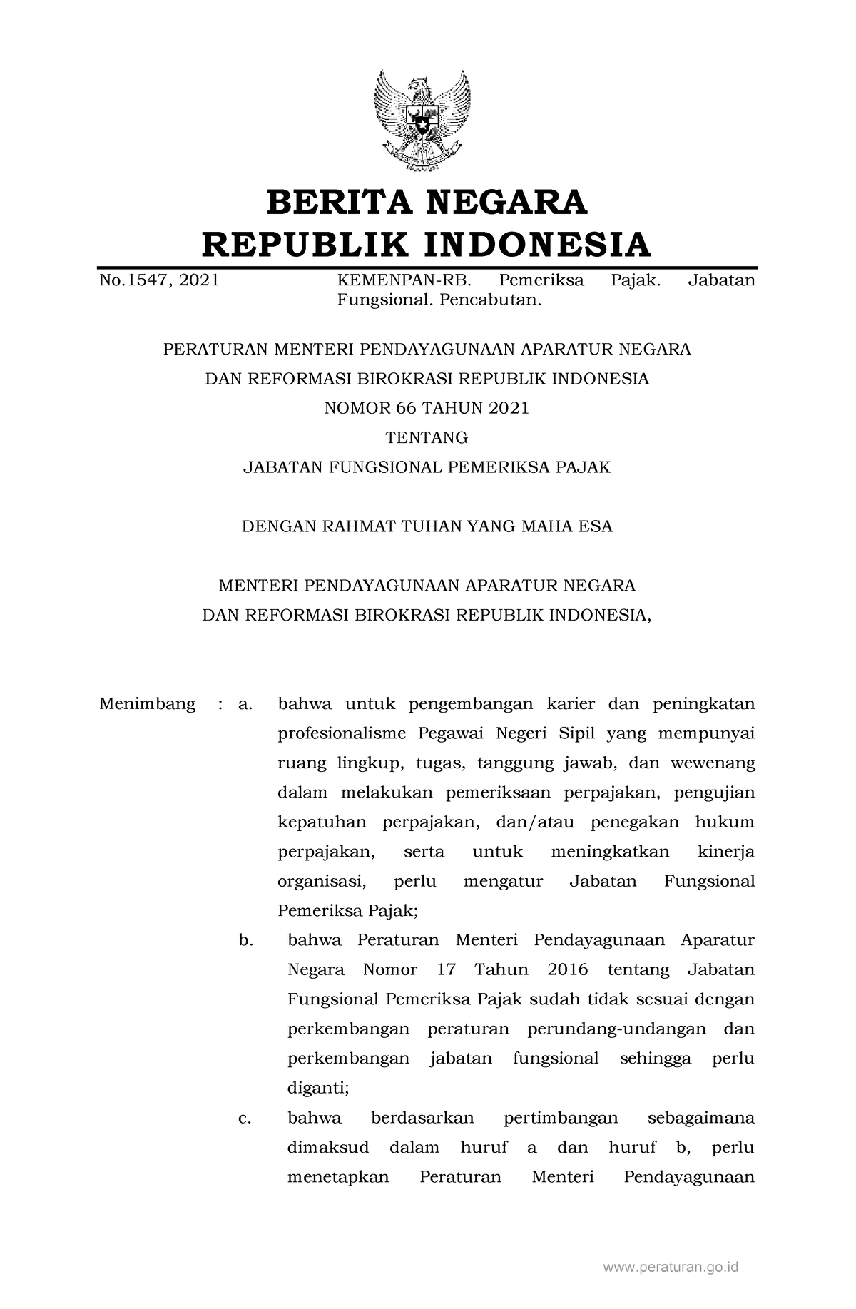 Permen Panrb No. 66 Tahun 2021 - BERITA NEGARA REPUBLIK INDONESIA No ...