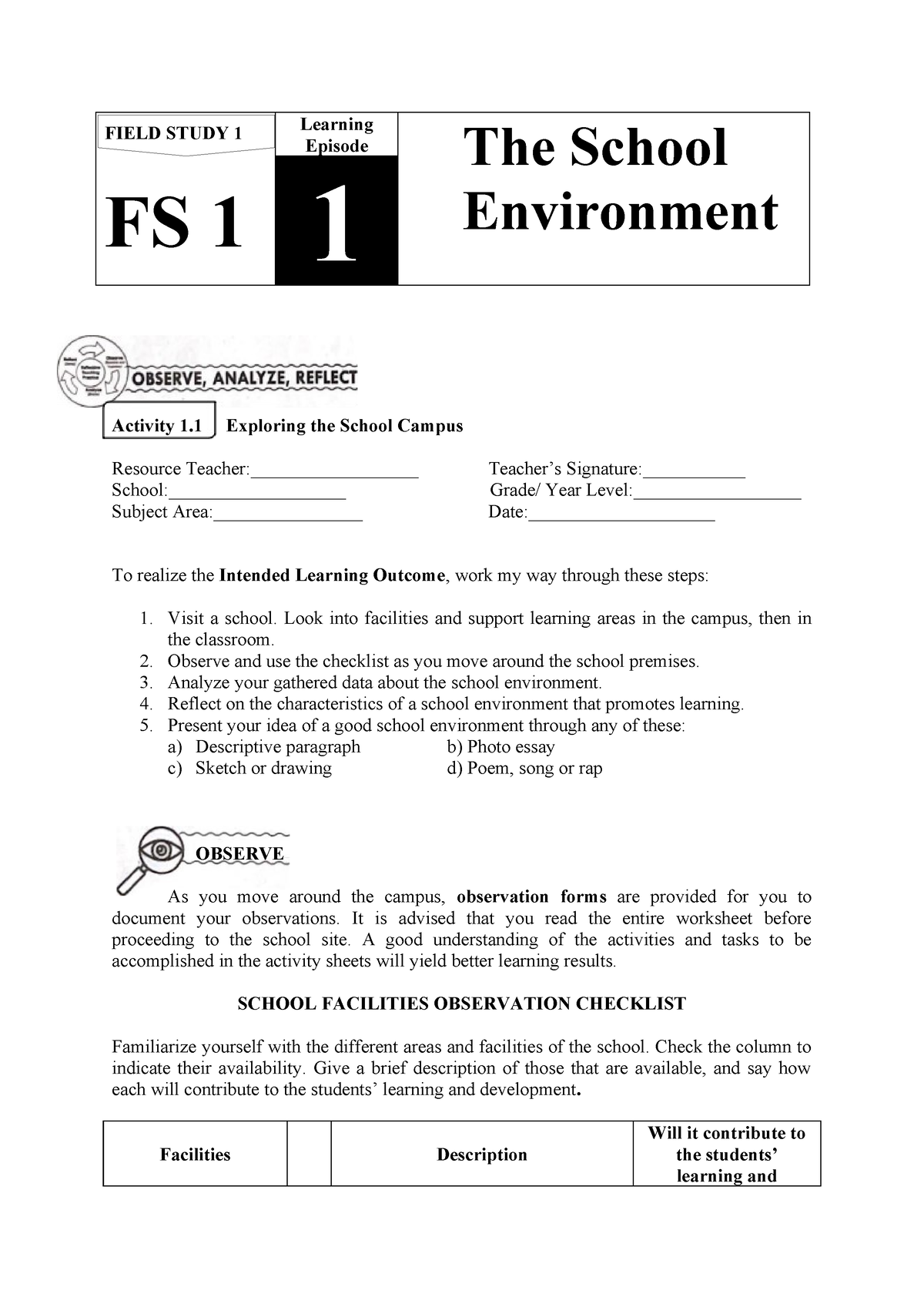 Field Study 1 Activities - FS 1 Learning Episode The School Environment ...