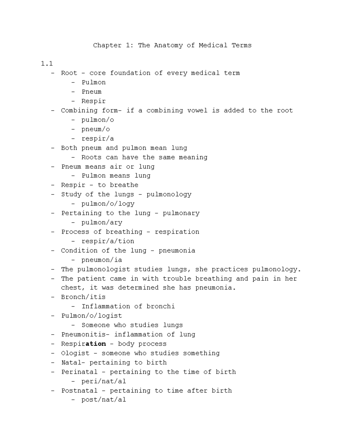 Chapter 1 Book Notes - Chapter 1: The Anatomy Of Medical Terms Root ...