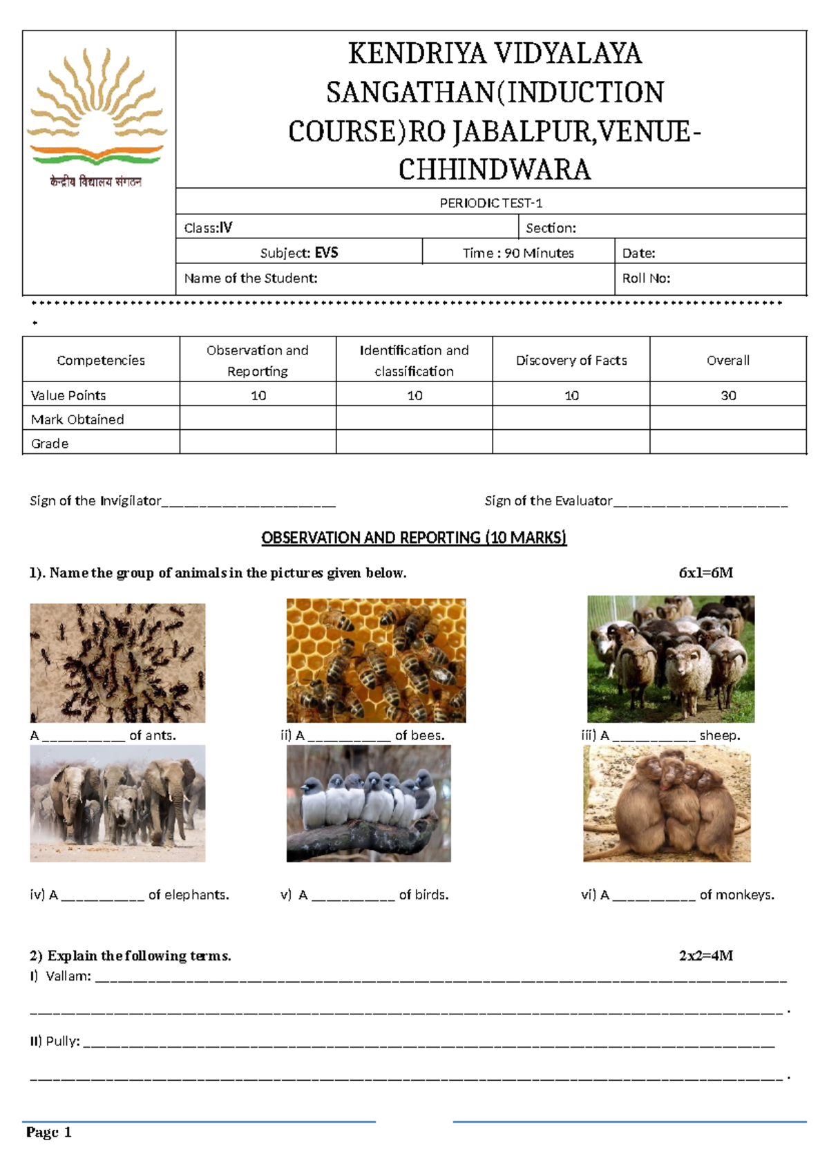 KVS Class 4 PT1 EVS Question Paper 2015 - KENDRIYA VIDYALAYA SANGATHAN ...