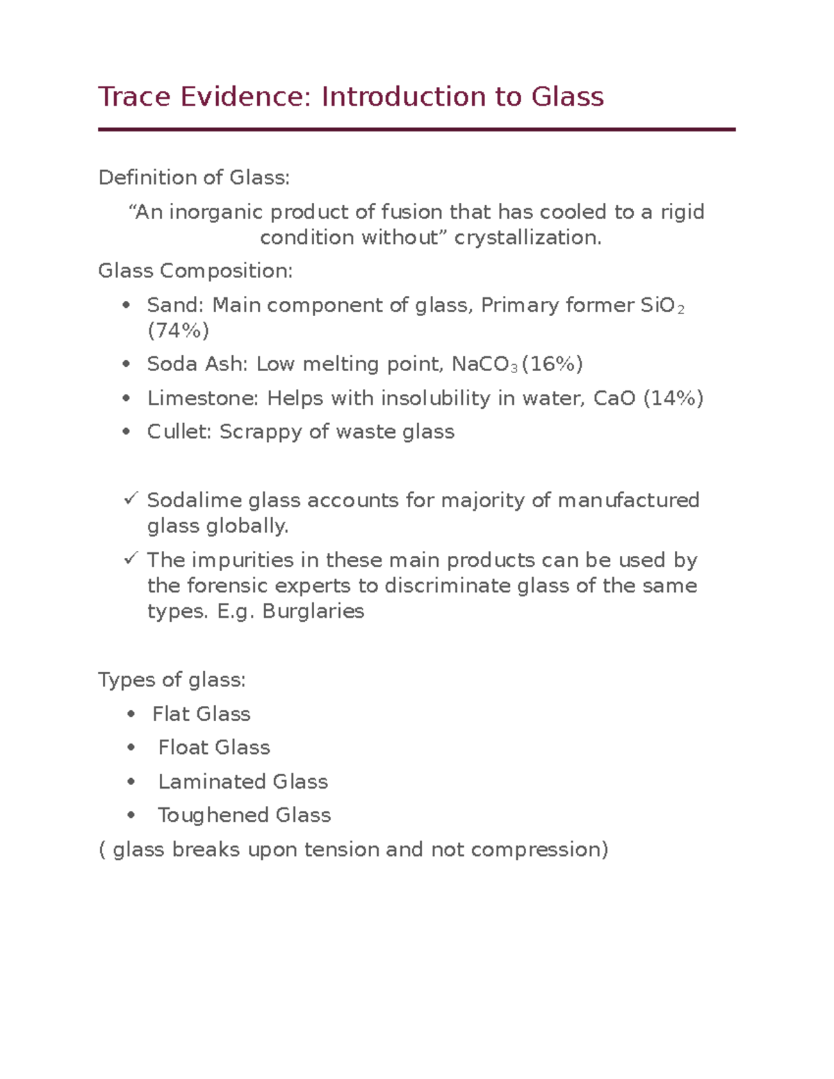 Trace Evidence Introduction to Glass Trace Evidence Introduction to