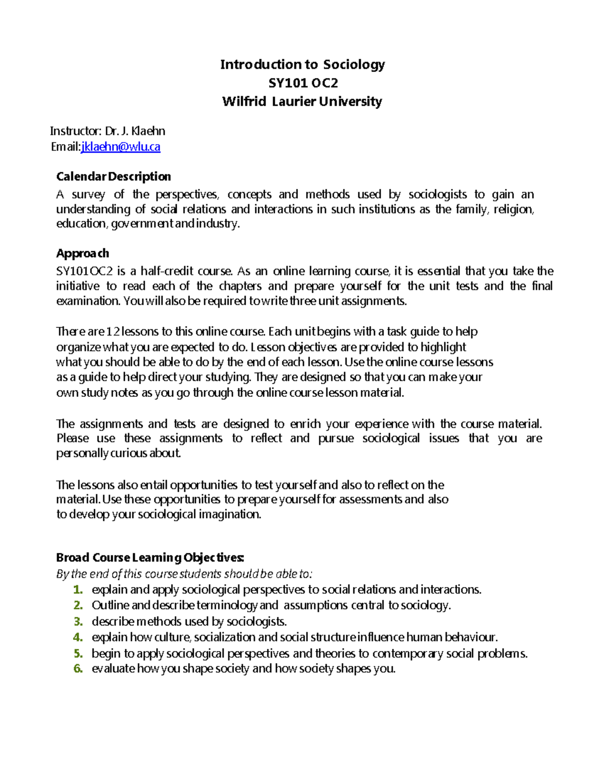 SY101 OC 2022 WINTER - Introduction to Sociology SY 10 1 OC Wilfrid ...