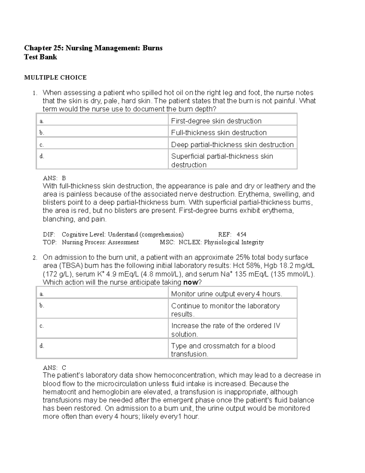 Burns - Lecture Notes - Chapter 25: Nursing Management: Burns Test Bank ...