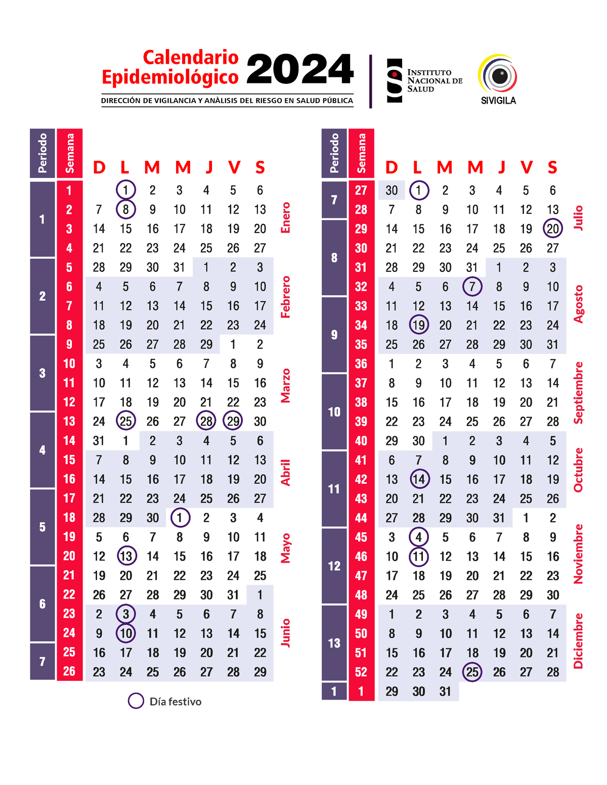 Calendario Epidemiológico 2024 Junio Abril Enero Marzo Mayo Julio