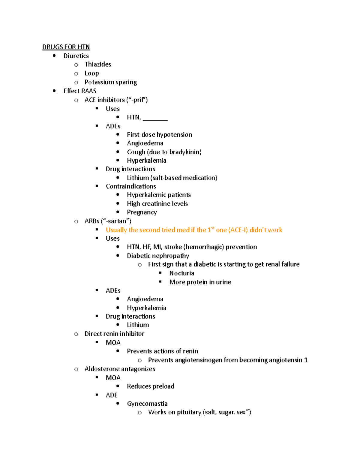 Unit 4 drugs - Adult health w/ McCormick fall 2019 - DRUGS FOR HTN ...