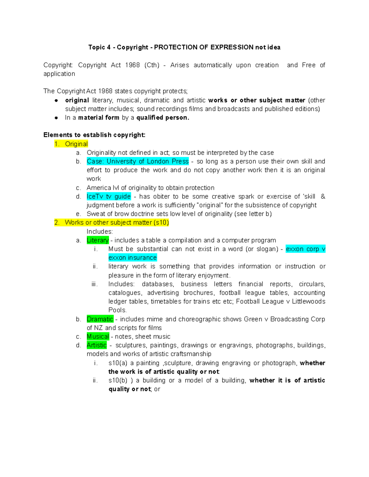 Topic 4 - Copyright - Protection OF Expression not idea - Topic 4 ...