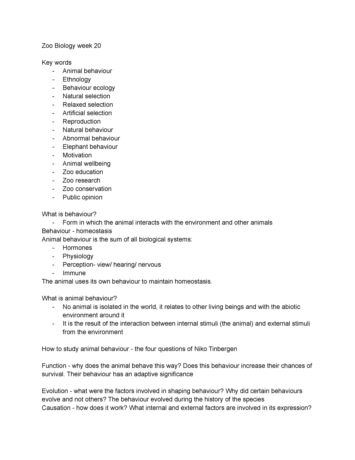 Zoo Biology week 20 - Lecture notes 20 - Zoo Biology week 20 Key words