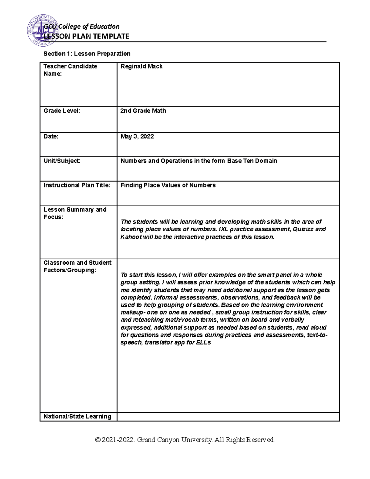 Math numbers and operation base ten Lesson plan - LESSON PLAN TEMPLATE ...