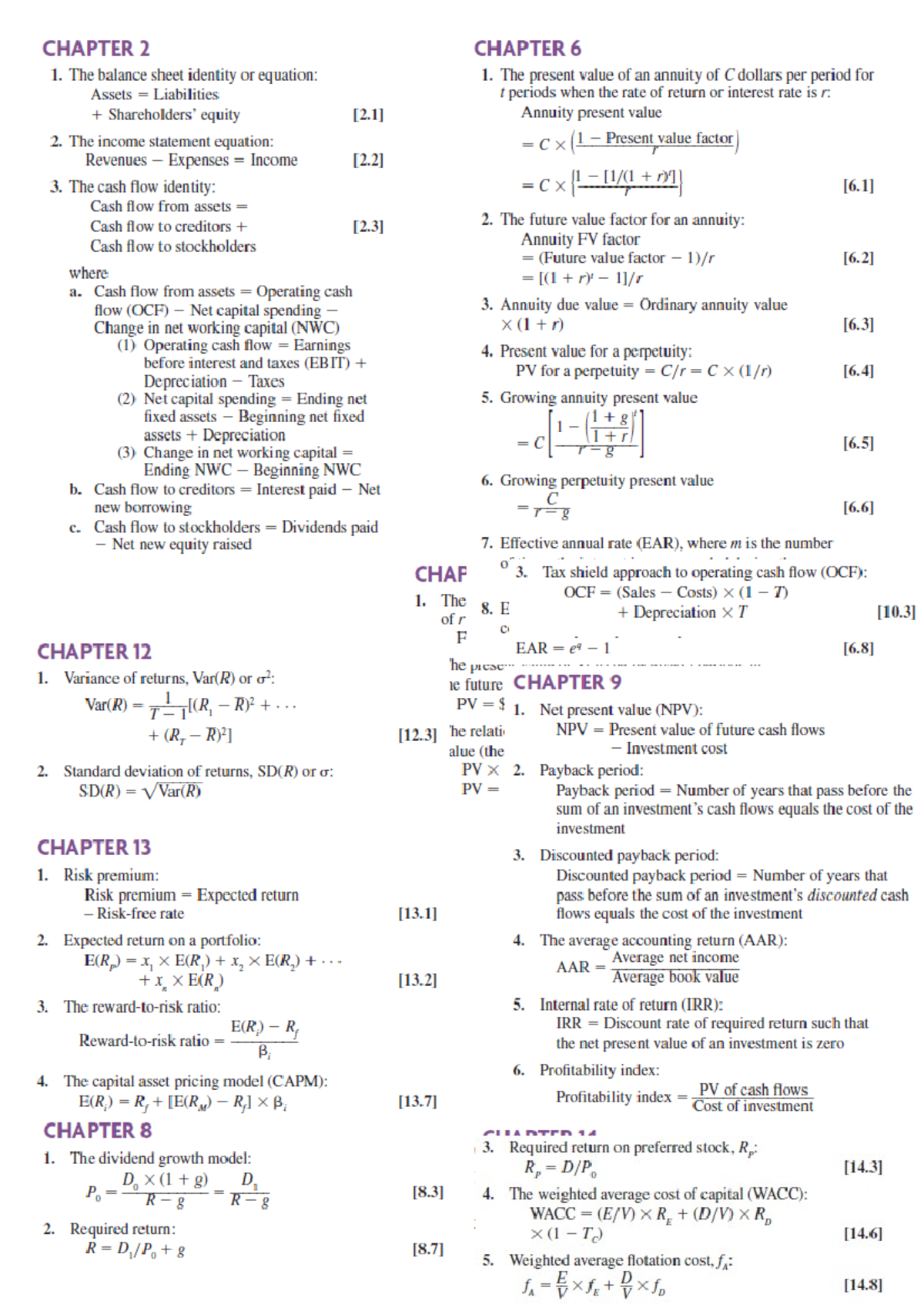 Finance Exam Formula Sheet - CHAPTER 2 l. The halance sheet identity or ...