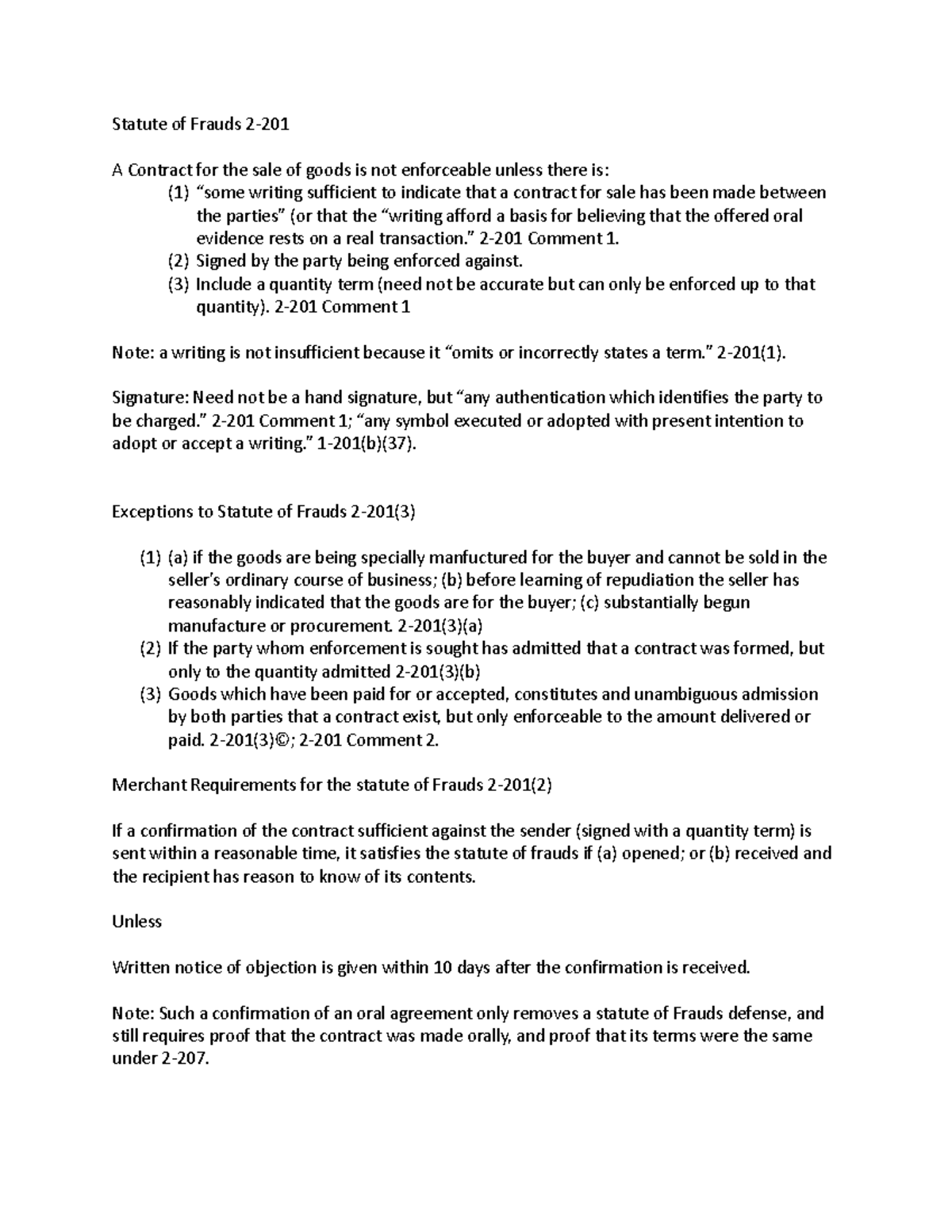 2201 chart Statute of Frauds 2 A Contract for the sale of goods is