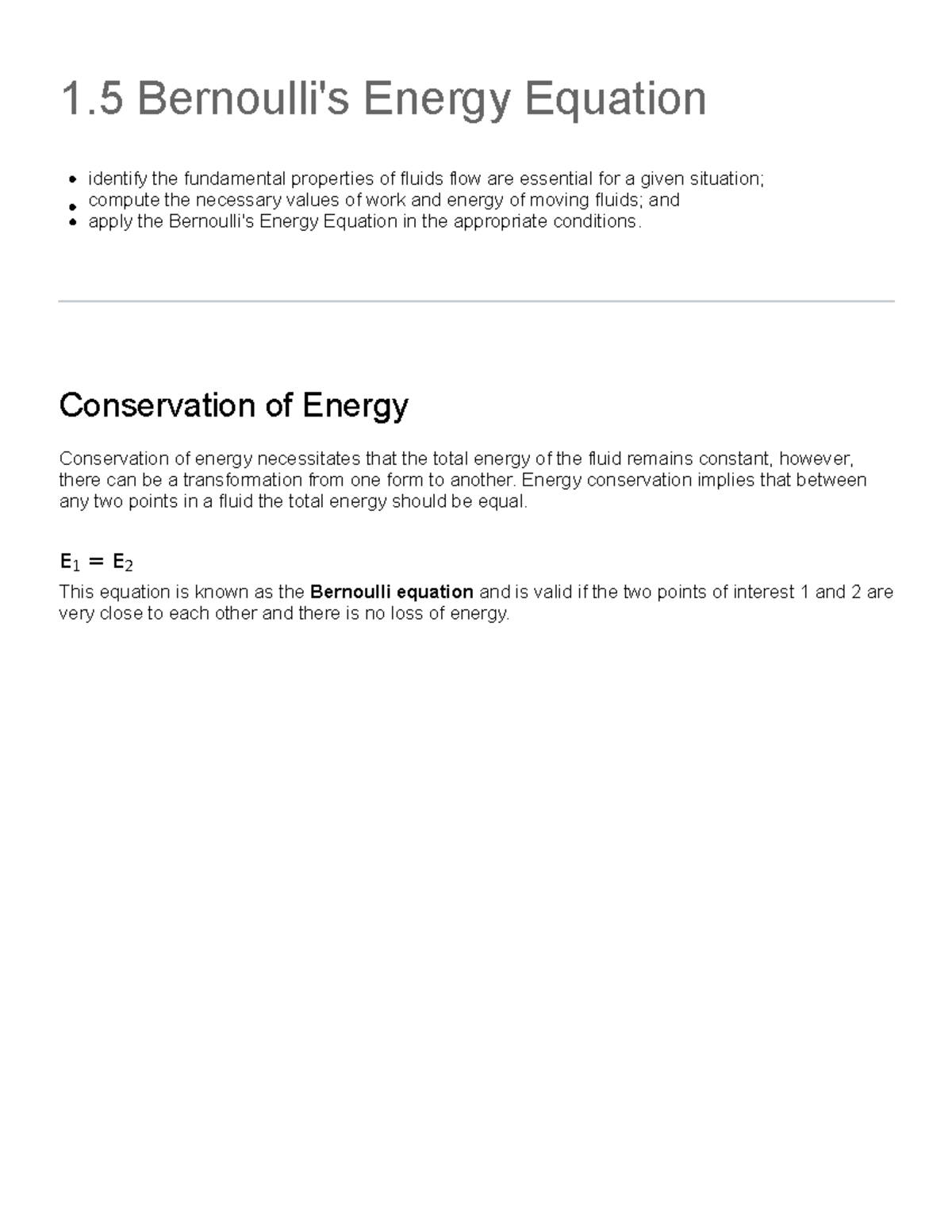 1.5 Bernoulli's Energy Equation CE 319 Hydraulics Engineering 1