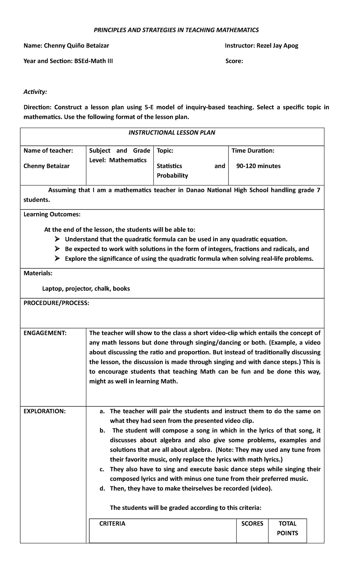 Principles - PRINCIPLES AND STRATEGIES IN TEACHING MATHEMATICS Name ...