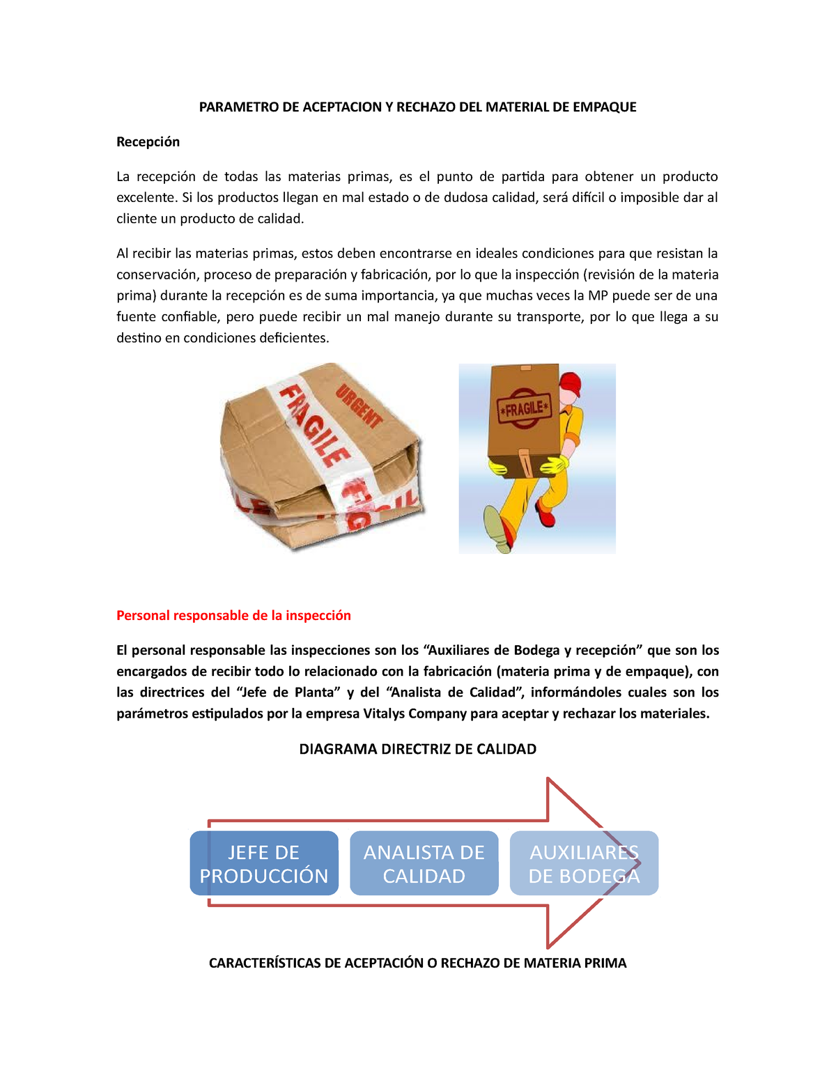 Parametro De Aceptacion Y Rechazo Del Material De Empaque O Insumos