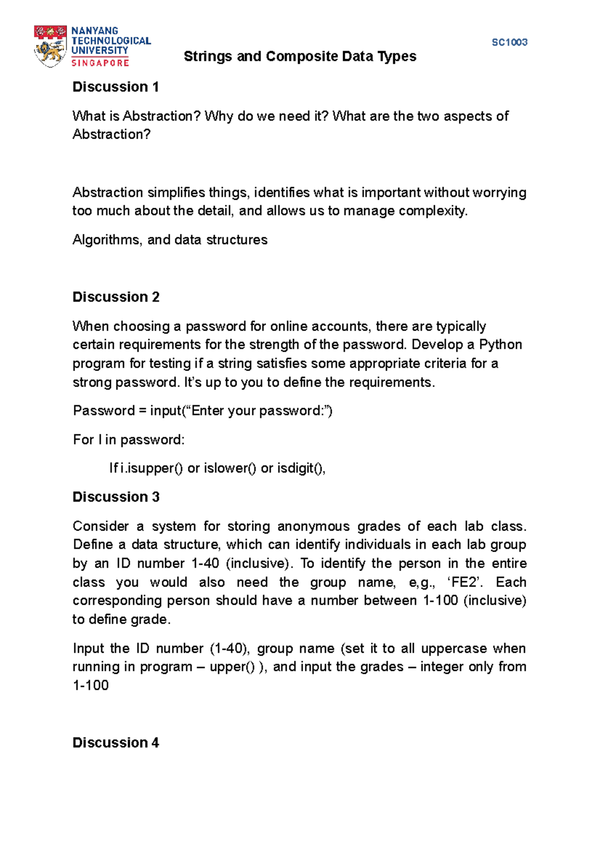 SC1003 Discussion 3 Question (String Data Structure) SC Strings and