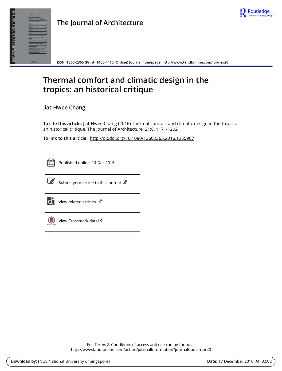 Thermal Comfort And Climatic Design In T - Doi/10.1080/13602365.2016 ...