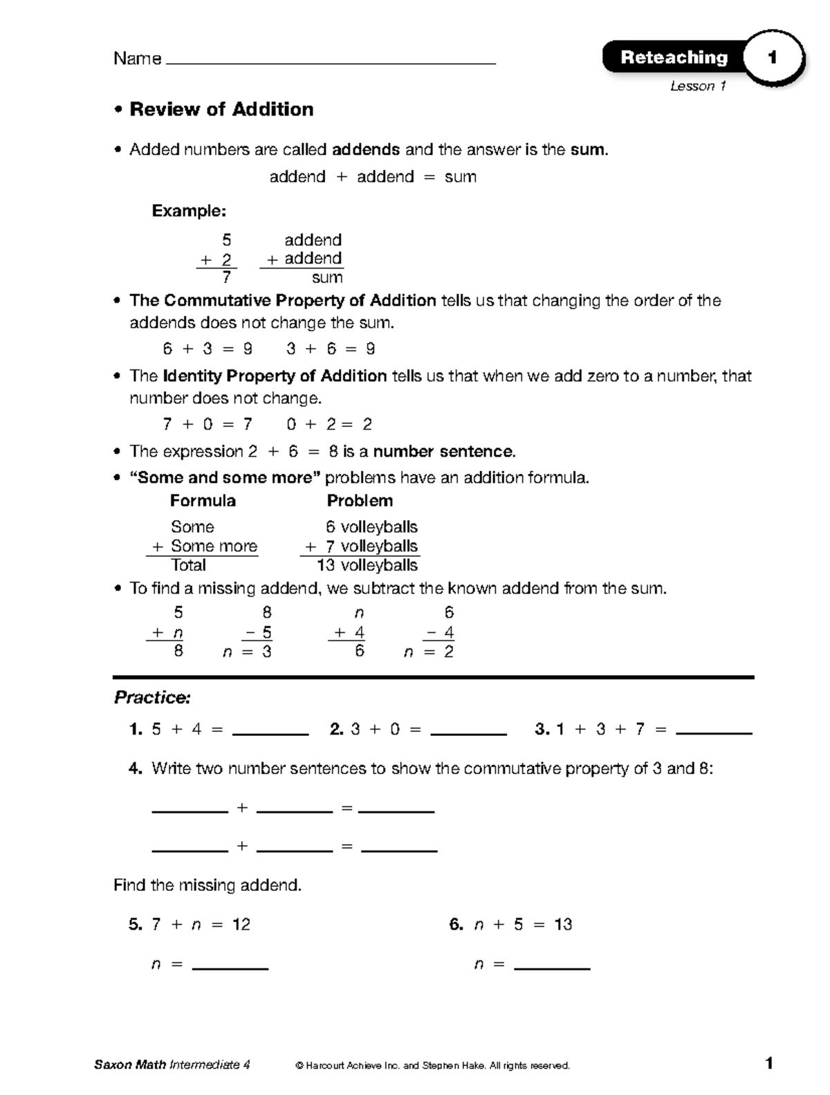 Saxon Intermediate 4 Reteachings Lessons 1-10 - Saxon Math Intermediate ...