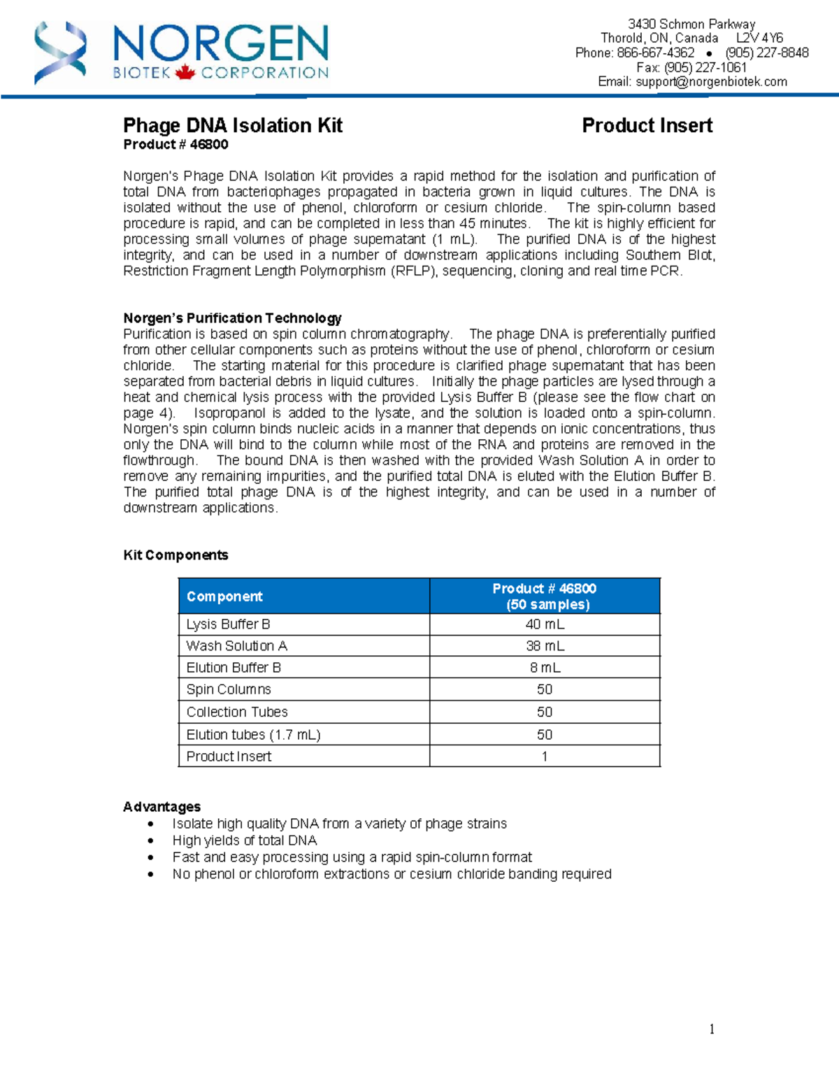 PI468008 Phage DNA Kit Insert Phage DNA Isolation Kit Product Insert