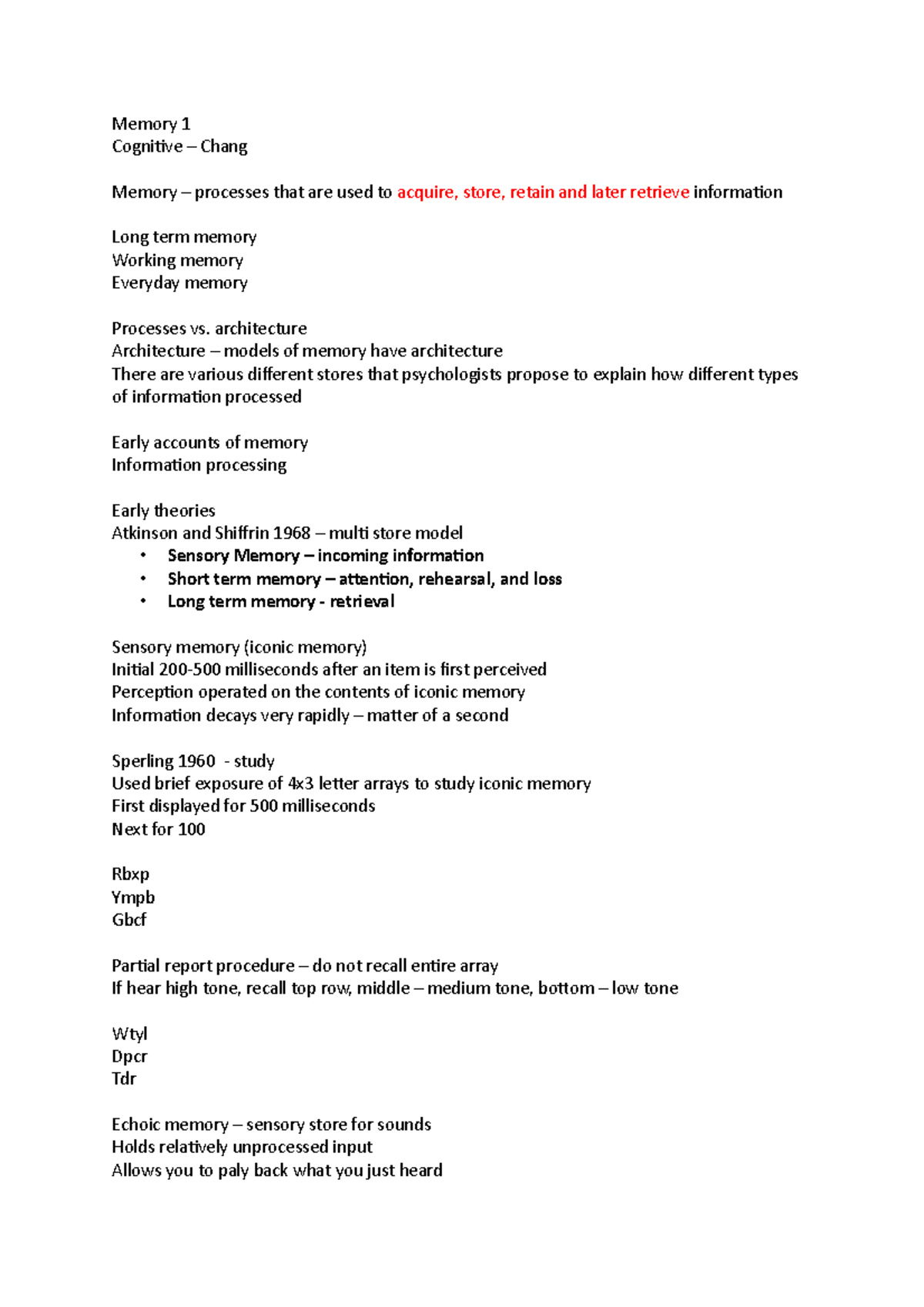 Memory 1 cognitive - Memory 1 Cognitive – Chang Memory – processes that ...