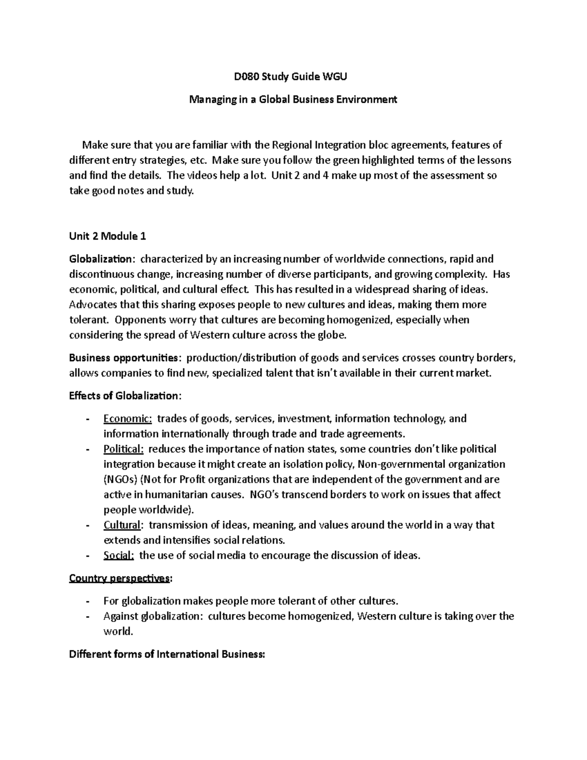 D080 Managing In A Global Business Environment - D080 Study Guide WGU ...