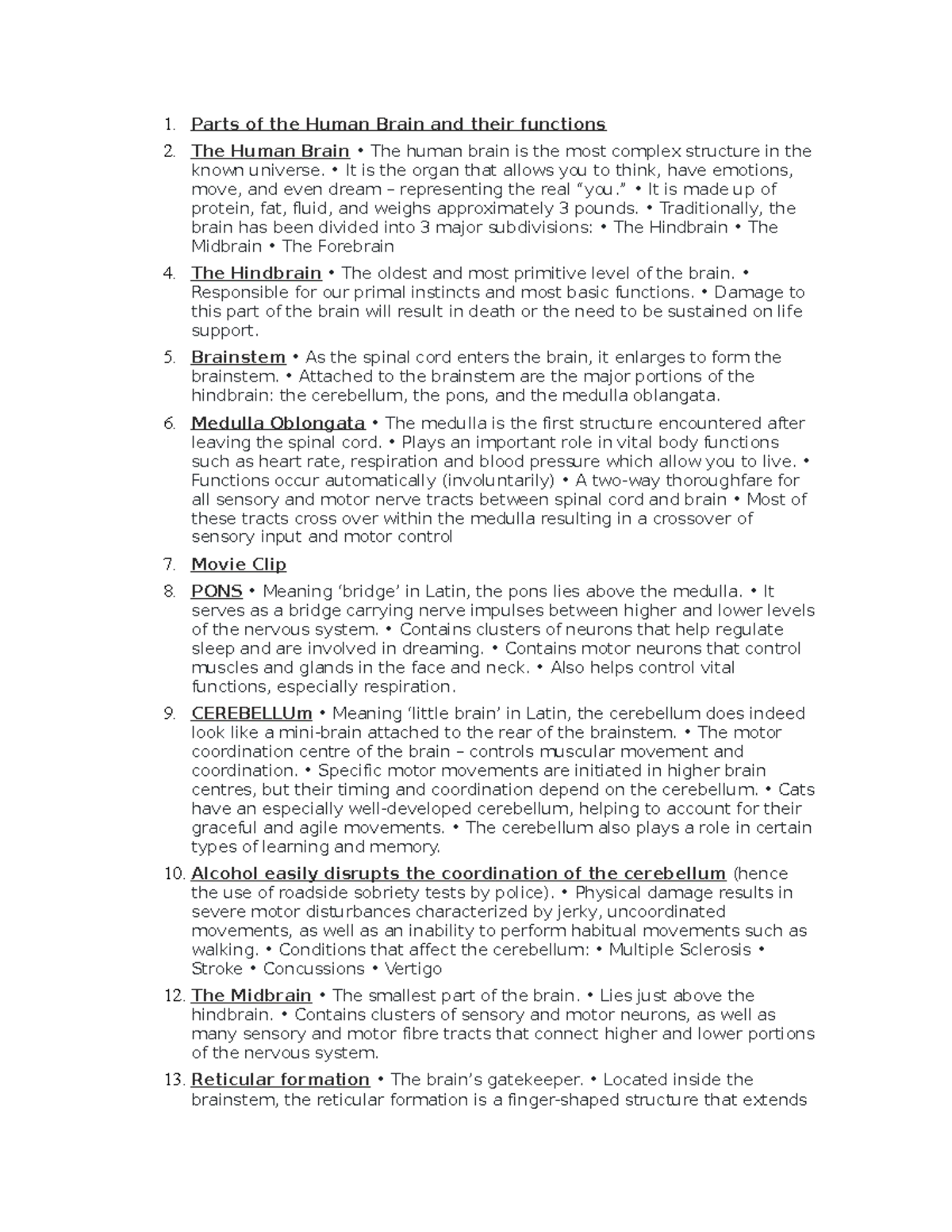 Parts of the Human Brain and their functions - 1. Parts of the Human ...