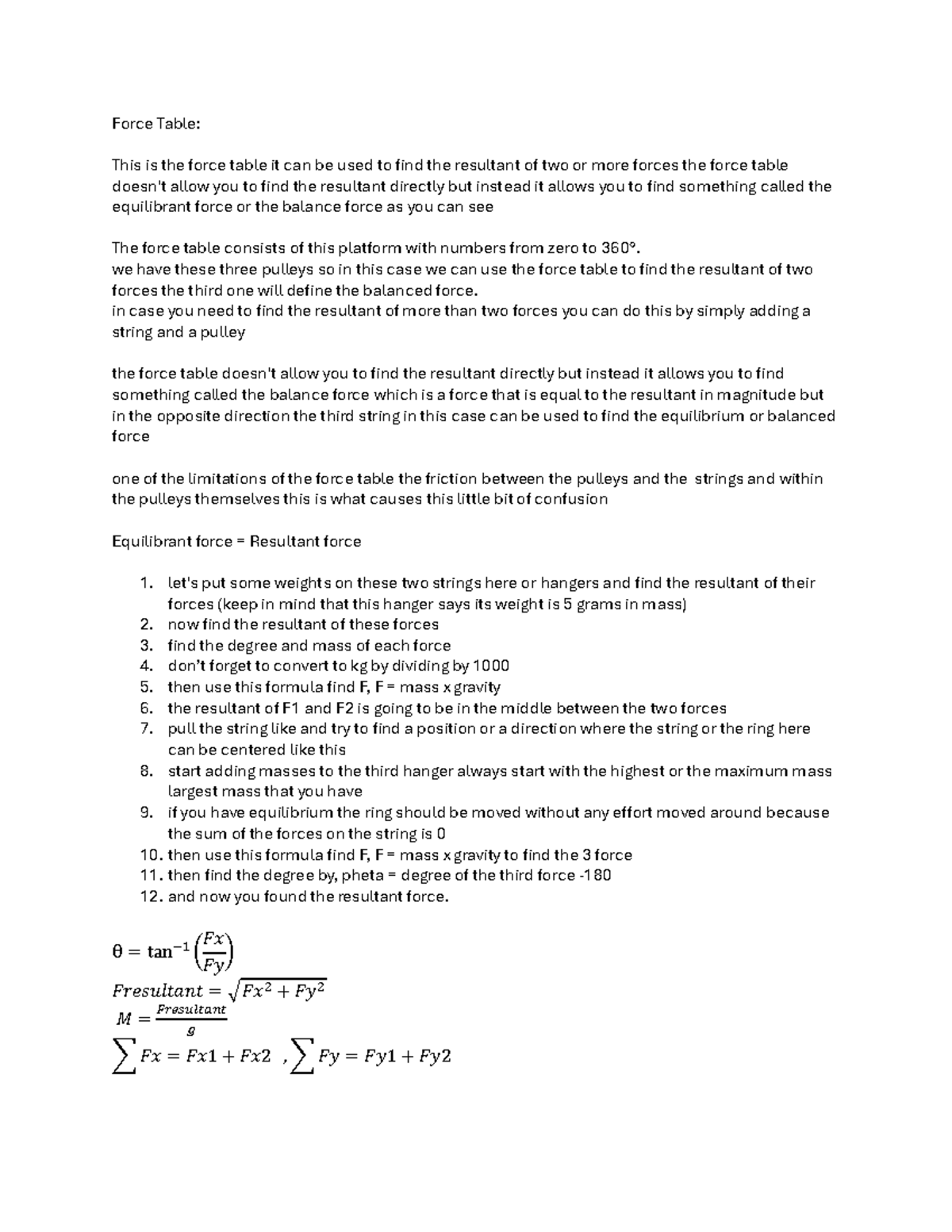 Document 1 - all formulas you need - Force Table: This is the force ...