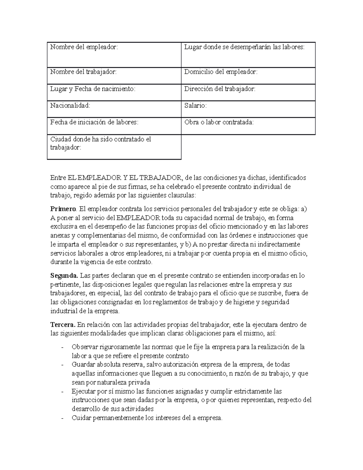 Contracto obra labor - aaaaaaaaaaaaaa - Nombre del empleador: Lugar ...