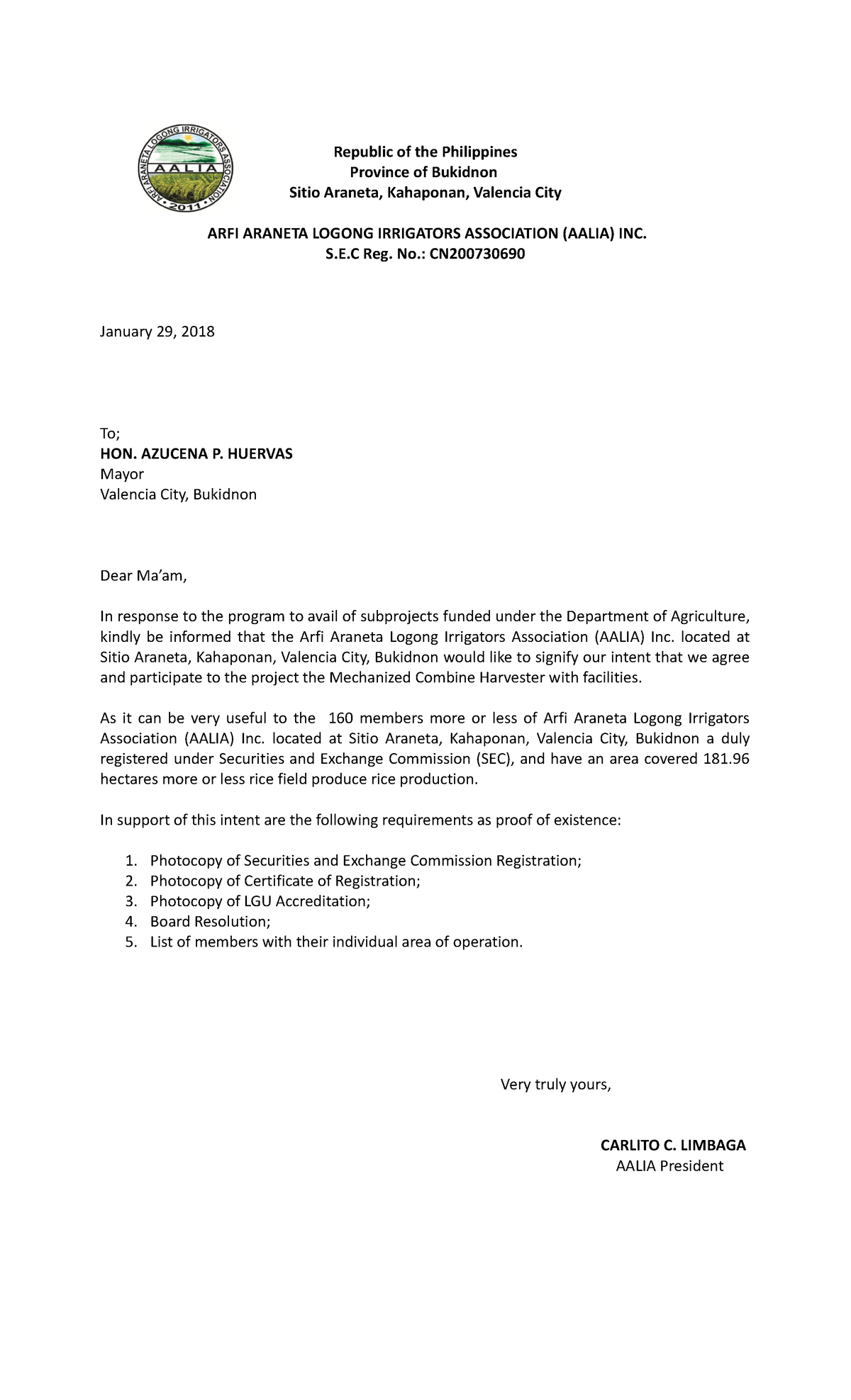 Combined Harvester - Intention letter - Republic of the Philippines ...