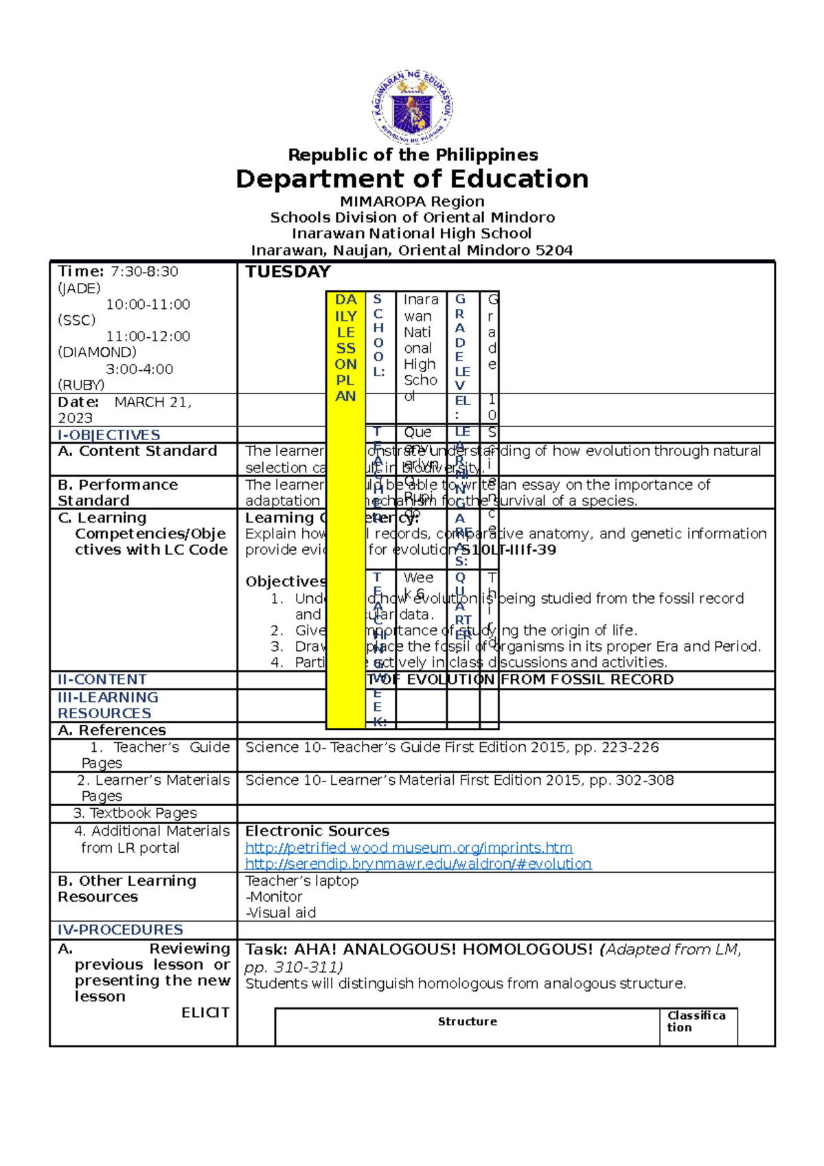 March 21 Lesson Plan Republic Of The Philippines Department Of Education Mimaropa Region 9431