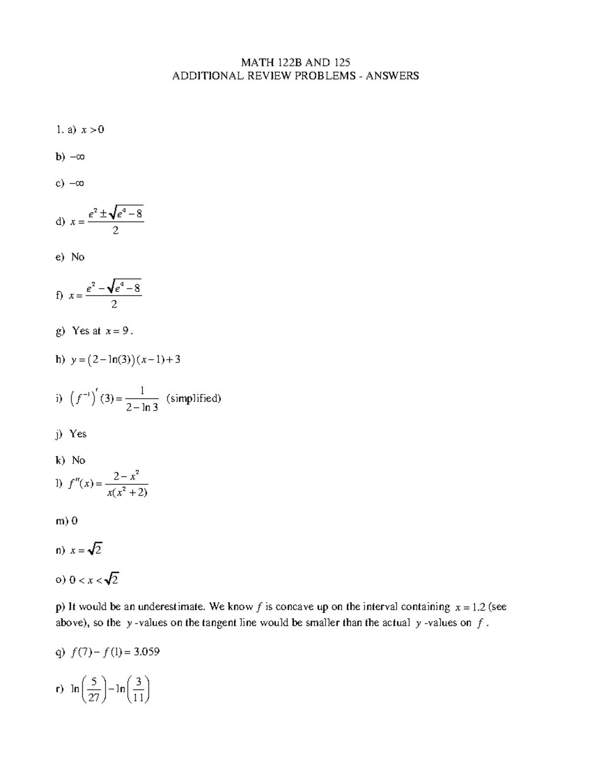 Math 125 More Study Guide Answers - MATH 122B AND 125 ADDITIONAL REVIEW ...