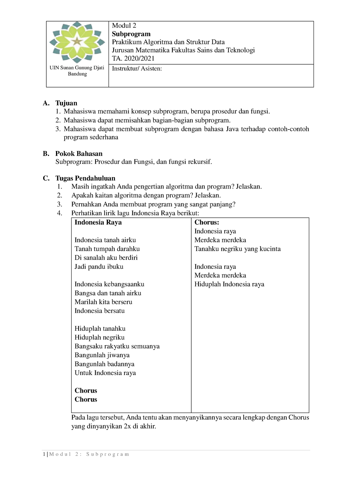 Salinan Modul 2 Subprogram - Modul 2 Subprogram Praktikum Algoritma Dan ...