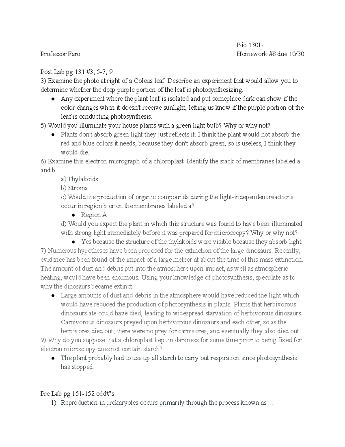 Bio 130L Homework #8 Professor Faro - Bio 130L Professor Faro Homework ...
