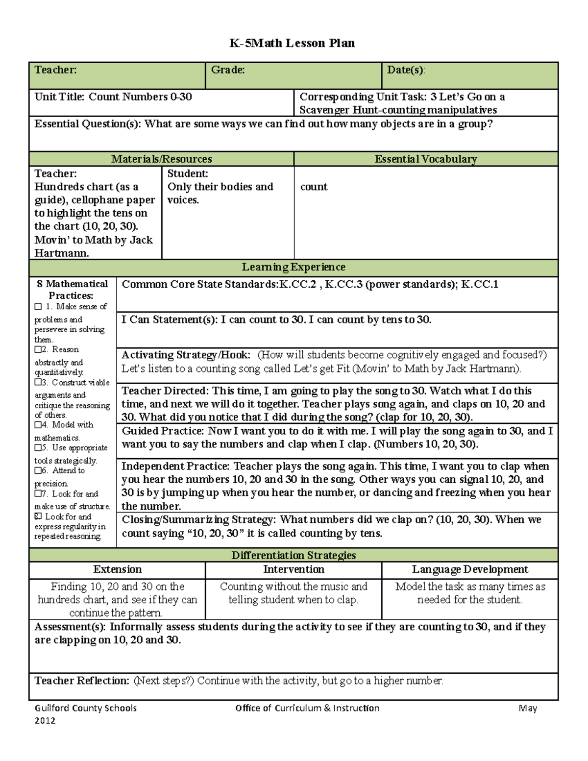 Math KCC Unit 1Task 3 (Colfax) - K-5Math Lesson Plan Teacher: Grade ...