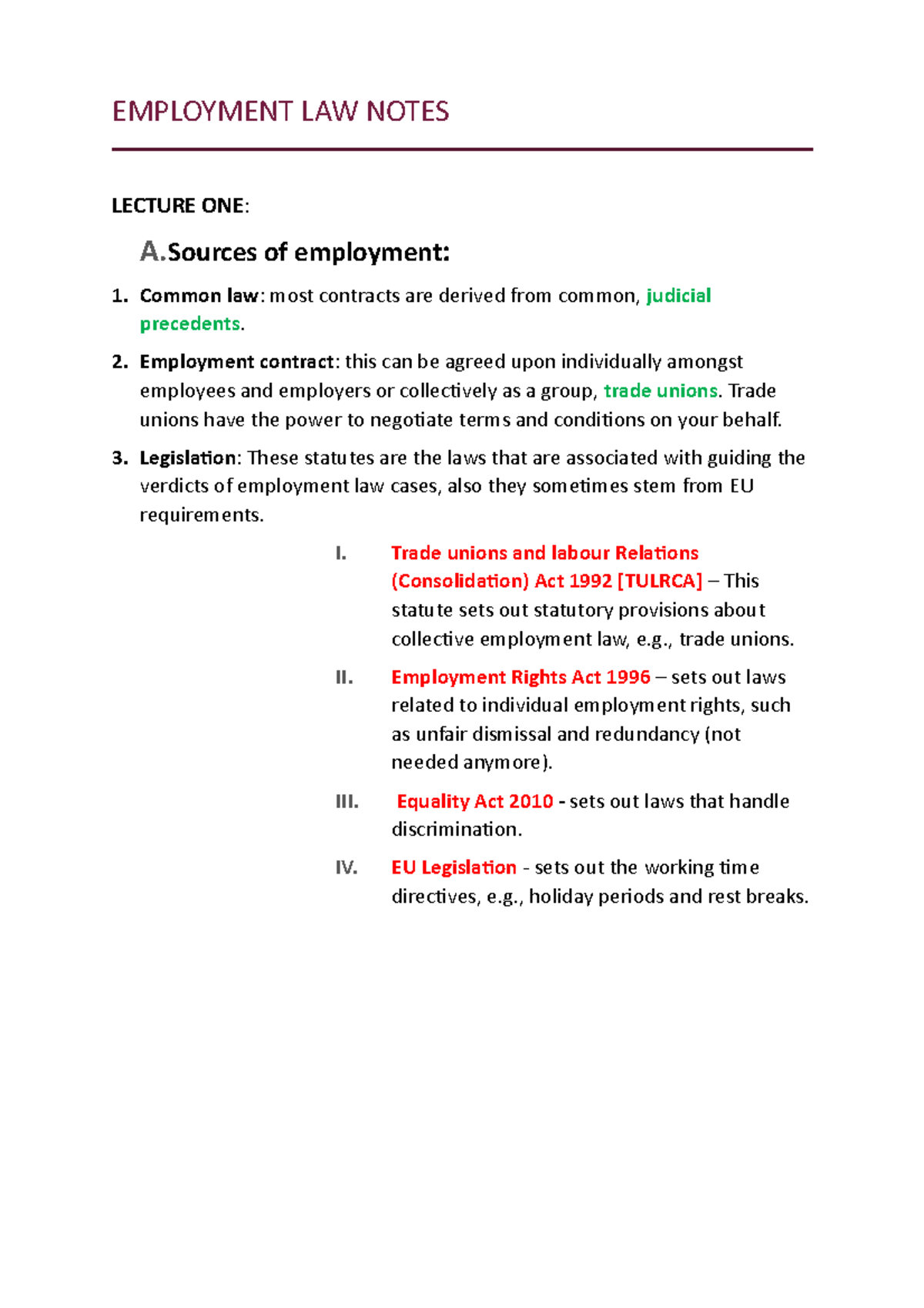 law of employment notes