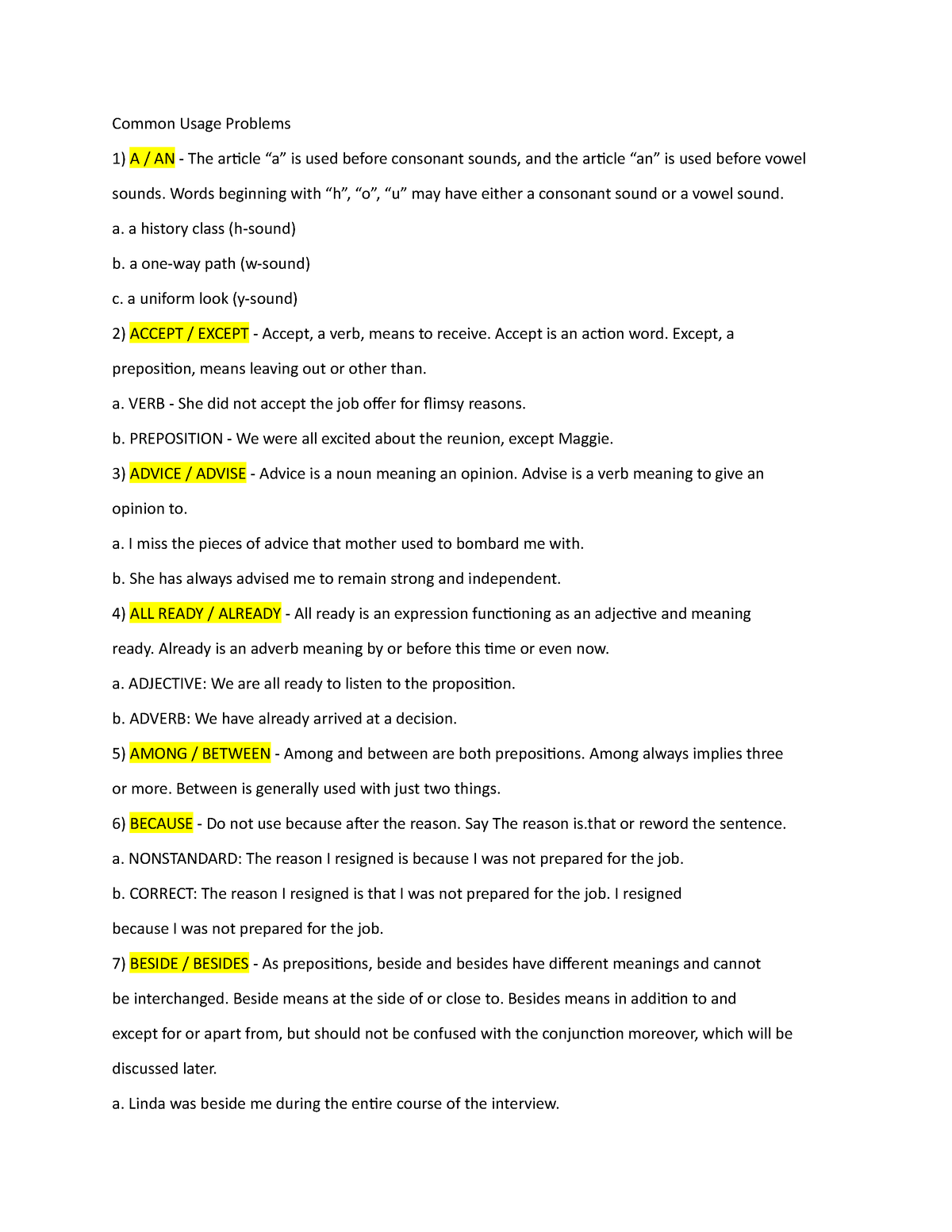 Common Usage Problems Assessment Material For The Students Common 