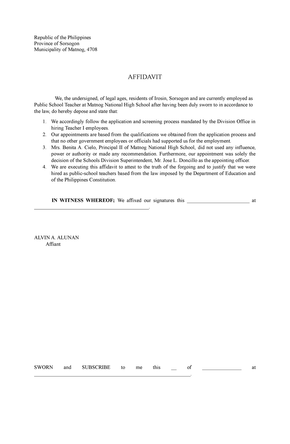 Affidavit None Republic Of The Philippines Province Of Sorsogon Municipality Of Matnog 4708 9147